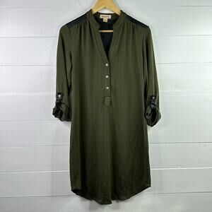 NINA & MEE Olive Green V Neck 1/4 Button Up Sweater 3/4 Sleeve Dress‎ Size Small